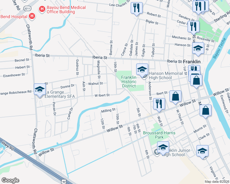 map of restaurants, bars, coffee shops, grocery stores, and more near 834-862 10th Street in Franklin