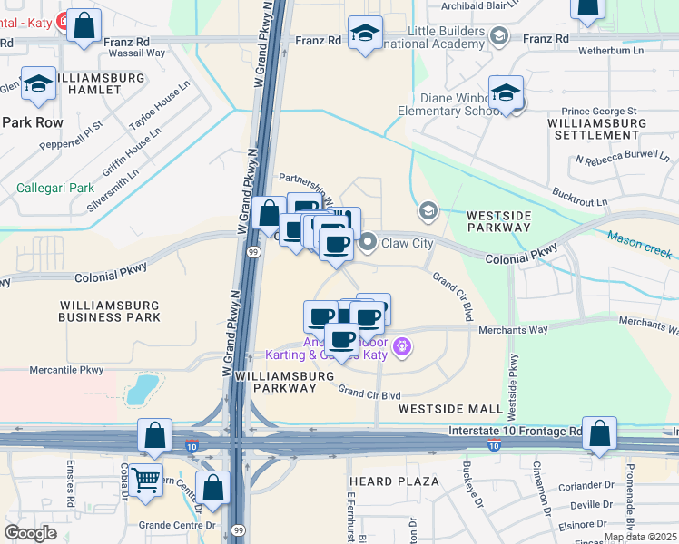 map of restaurants, bars, coffee shops, grocery stores, and more near 22502 Grand Circle Boulevard in Katy
