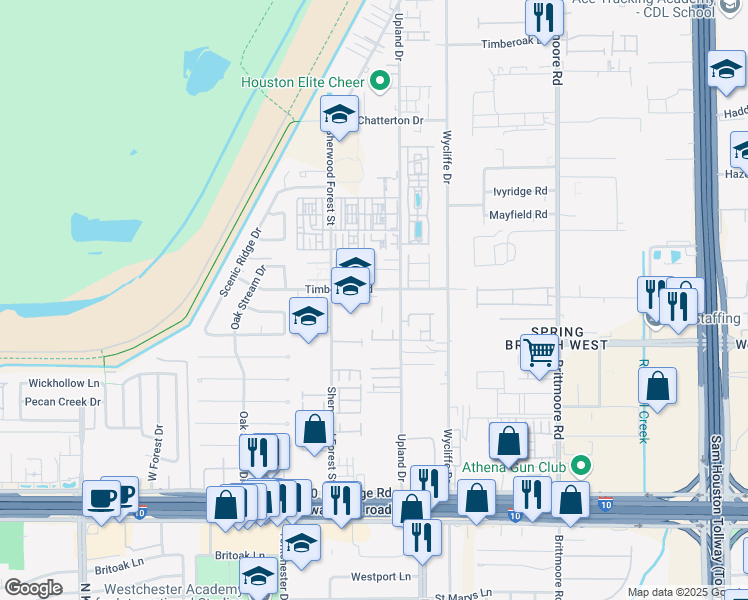 map of restaurants, bars, coffee shops, grocery stores, and more near 11055 Timberline Road in Houston