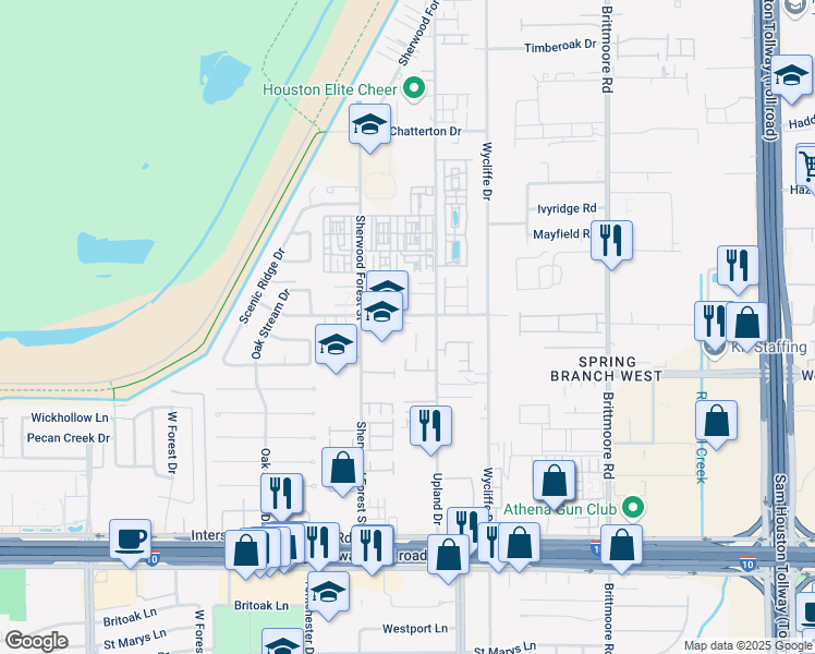 map of restaurants, bars, coffee shops, grocery stores, and more near 11055 Timberline Road in Houston