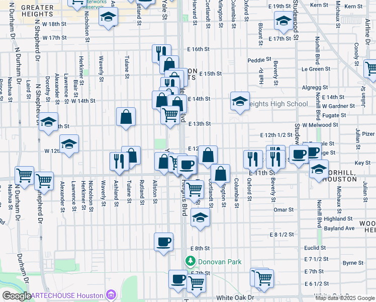 map of restaurants, bars, coffee shops, grocery stores, and more near 1148 Heights Boulevard in Houston