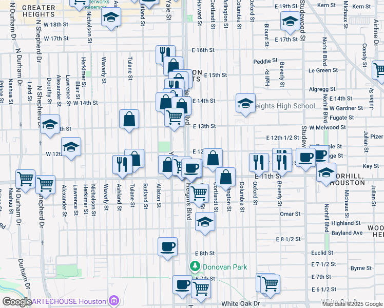 map of restaurants, bars, coffee shops, grocery stores, and more near 1148 Heights Boulevard in Houston