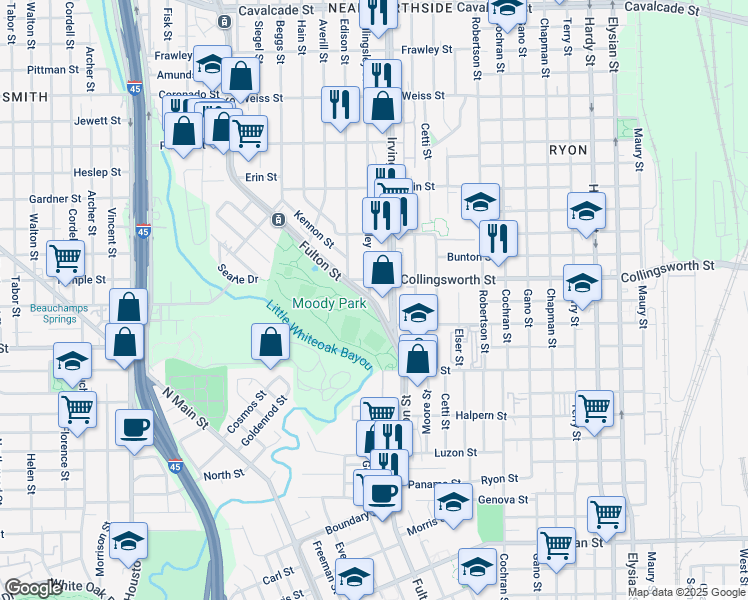 map of restaurants, bars, coffee shops, grocery stores, and more near 700 Collingsworth Street in Houston