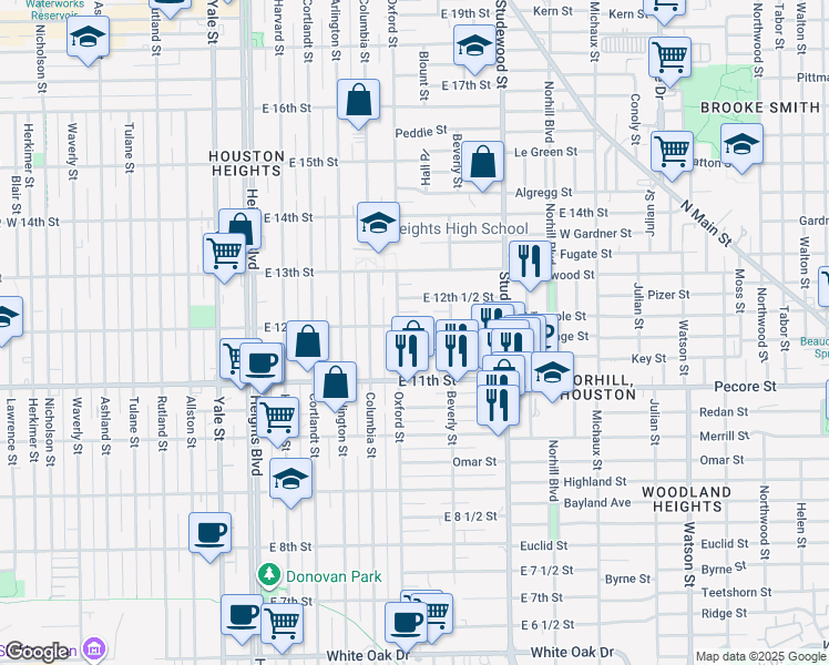 map of restaurants, bars, coffee shops, grocery stores, and more near 627b East 12th Street in Houston