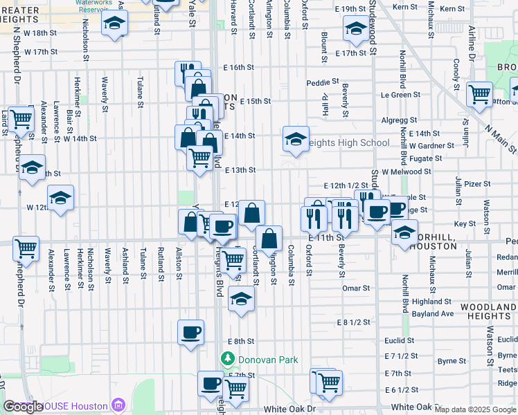 map of restaurants, bars, coffee shops, grocery stores, and more near 1207 Cortlandt Street in Houston