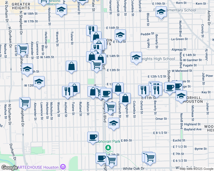 map of restaurants, bars, coffee shops, grocery stores, and more near 1207 Harvard Street in Houston