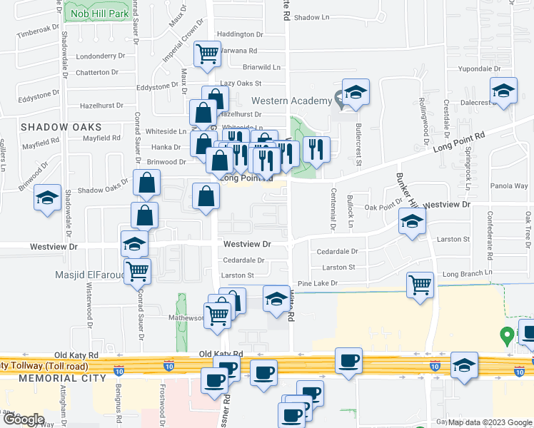 map of restaurants, bars, coffee shops, grocery stores, and more near 1353 Witte Road in Houston