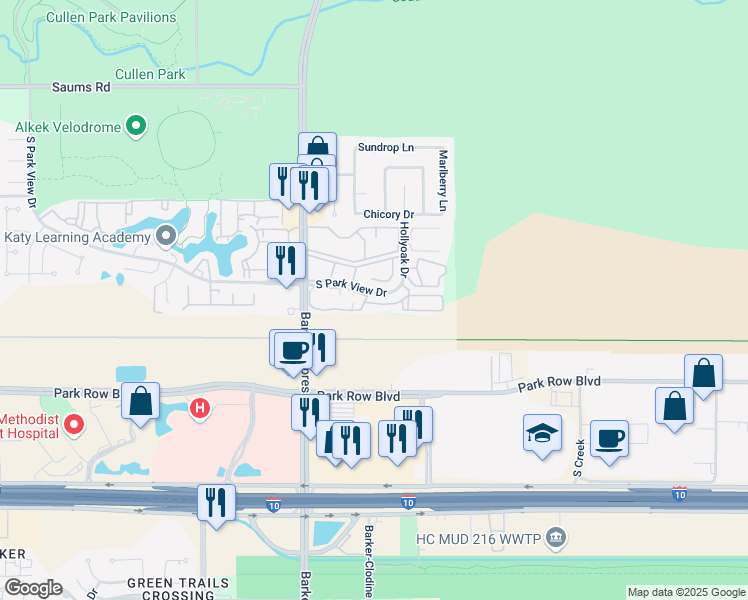 map of restaurants, bars, coffee shops, grocery stores, and more near 1800 Barker Cypress Road in Houston
