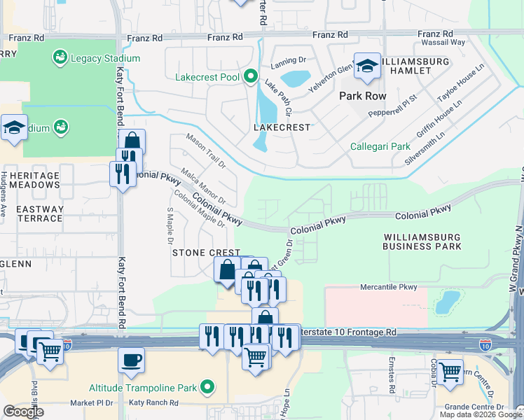 map of restaurants, bars, coffee shops, grocery stores, and more near 1518 Mason Knights Drive in Katy