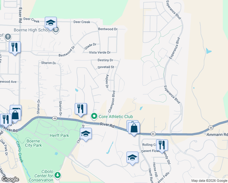 map of restaurants, bars, coffee shops, grocery stores, and more near Champion Boulevard in Kendall County