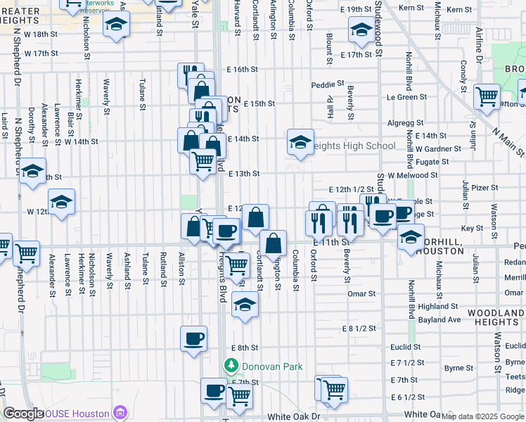 map of restaurants, bars, coffee shops, grocery stores, and more near 1150 Cortlandt Street in Houston