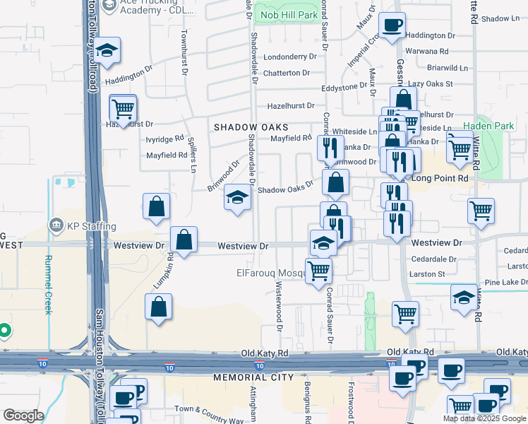 map of restaurants, bars, coffee shops, grocery stores, and more near 1230 Shadowdale Drive in Houston