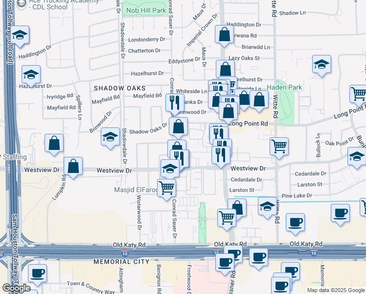 map of restaurants, bars, coffee shops, grocery stores, and more near 1270 Conrad Sauer Drive in Houston