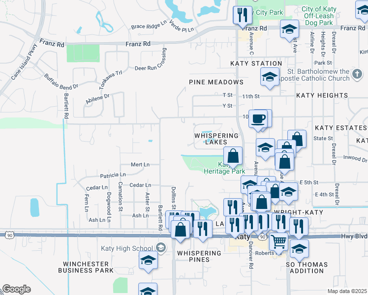 map of restaurants, bars, coffee shops, grocery stores, and more near 6001 Whispering Lakes Drive in Katy