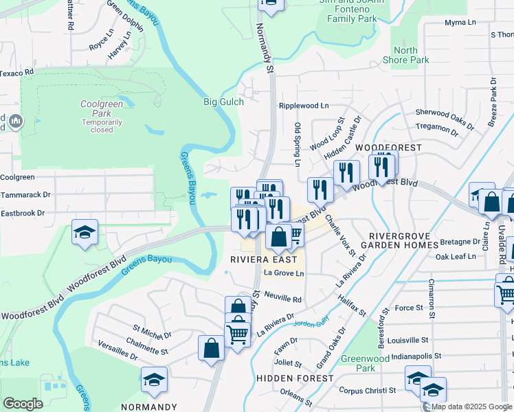 map of restaurants, bars, coffee shops, grocery stores, and more near 458 Normandy Street in Houston