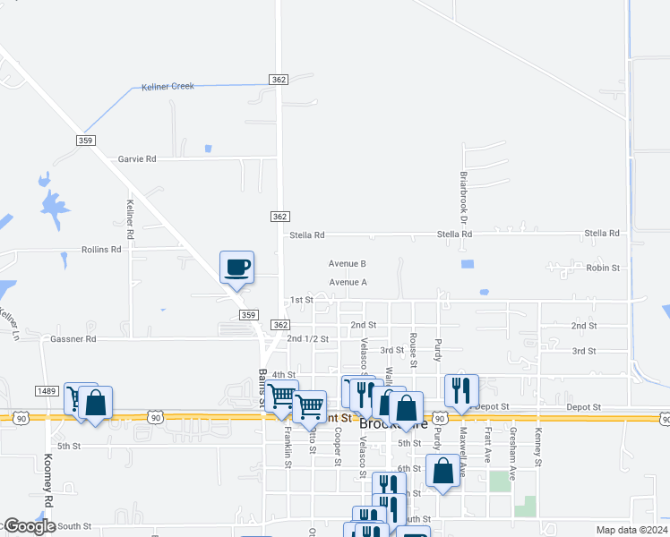 map of restaurants, bars, coffee shops, grocery stores, and more near 4111 Avenue B in Brookshire