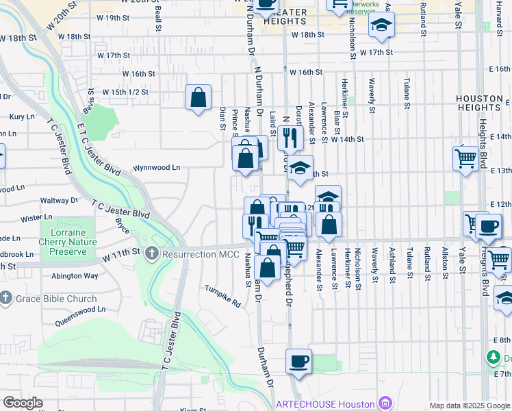 map of restaurants, bars, coffee shops, grocery stores, and more near 1207 North Durham Drive in Houston