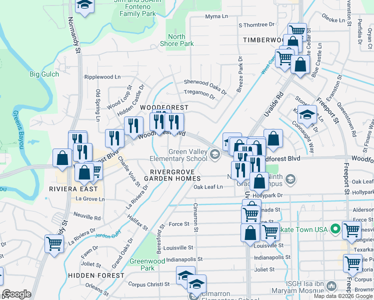 map of restaurants, bars, coffee shops, grocery stores, and more near 13131 Woodtrek Lane in Houston
