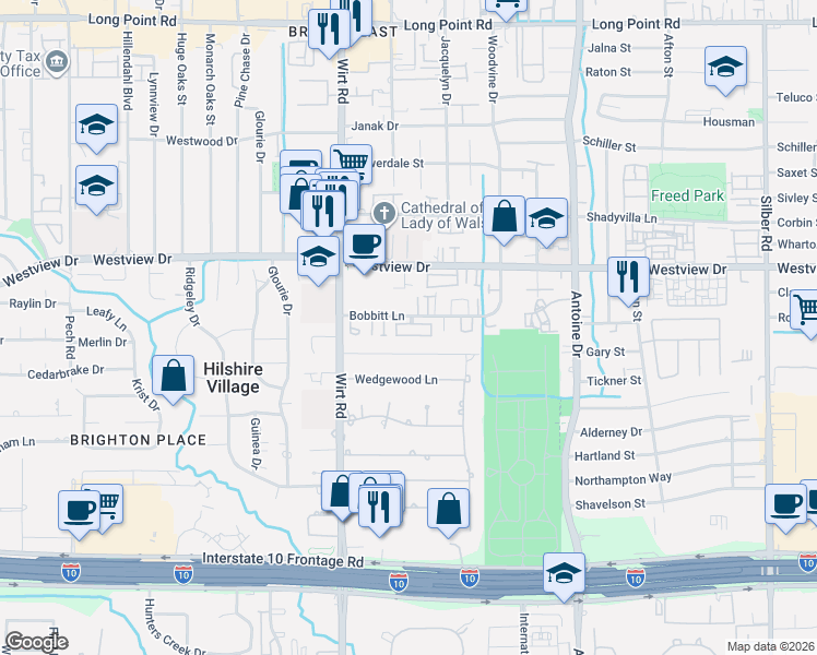 map of restaurants, bars, coffee shops, grocery stores, and more near 7726 North Hunters Creekway Drive in Houston