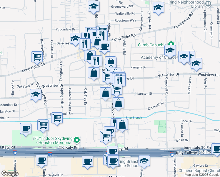 map of restaurants, bars, coffee shops, grocery stores, and more near 1318 Blalock Road in Houston