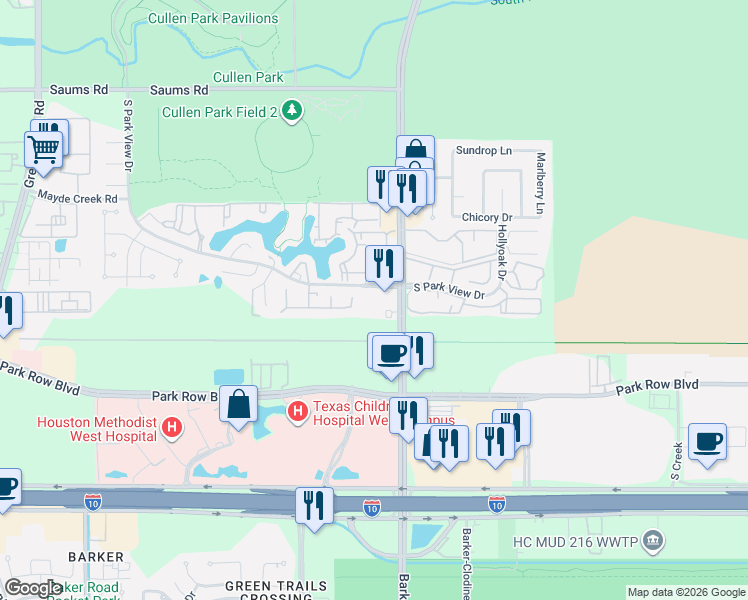 map of restaurants, bars, coffee shops, grocery stores, and more near 1635 Barker Cypress Road in Houston