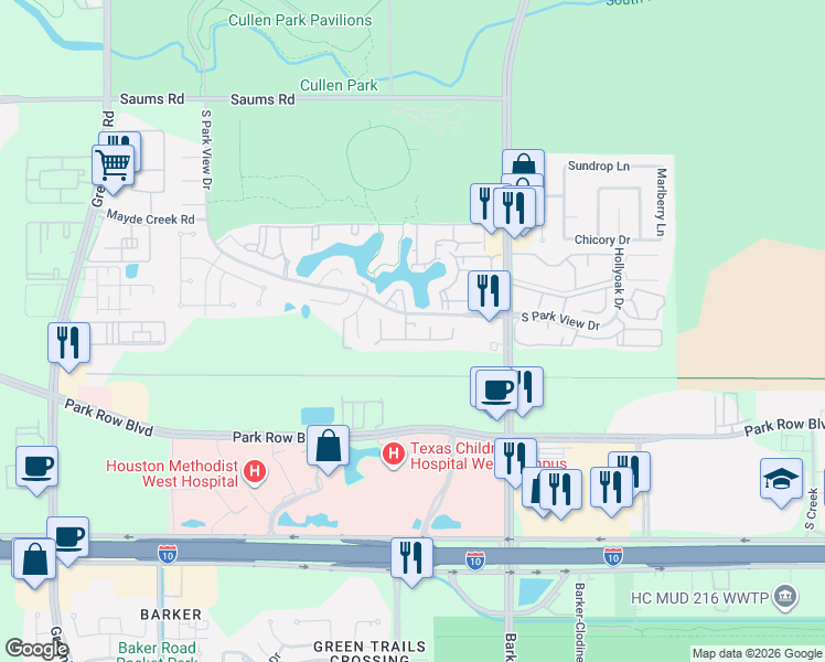 map of restaurants, bars, coffee shops, grocery stores, and more near 1719 Lake Harbor Way in Houston