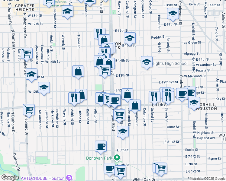 map of restaurants, bars, coffee shops, grocery stores, and more near Heights Blvd & E 12th St in Houston