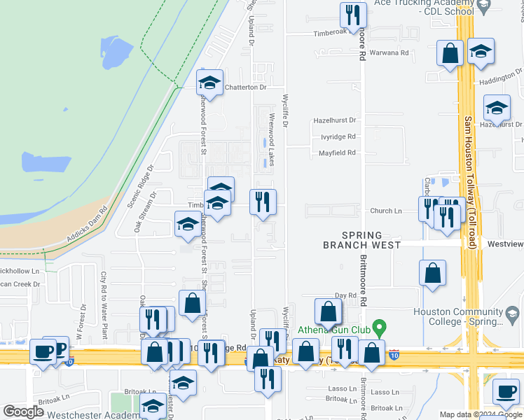 map of restaurants, bars, coffee shops, grocery stores, and more near 1430 Upland Drive in Houston