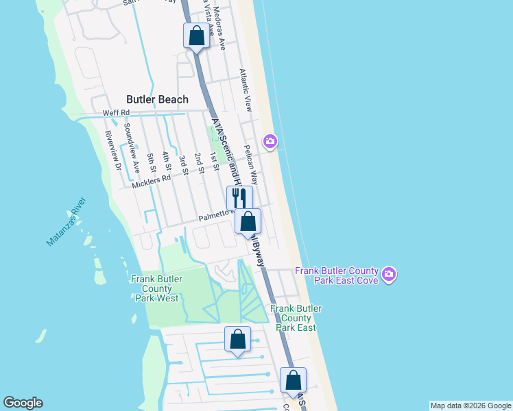 map of restaurants, bars, coffee shops, grocery stores, and more near 5499 Pelican Way in St. Augustine