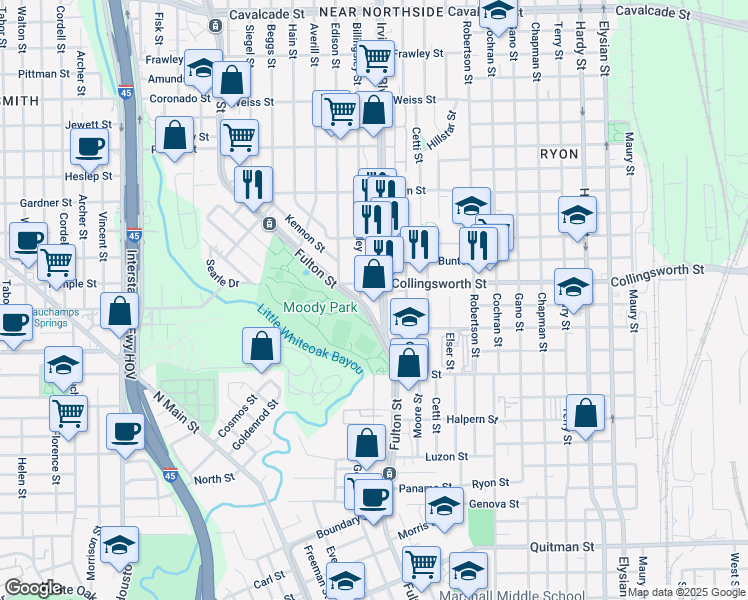 map of restaurants, bars, coffee shops, grocery stores, and more near 700 Collingsworth Street in Houston