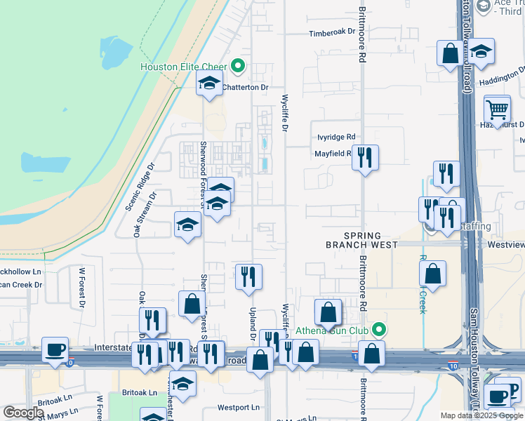 map of restaurants, bars, coffee shops, grocery stores, and more near 1430 Upland Drive in Houston