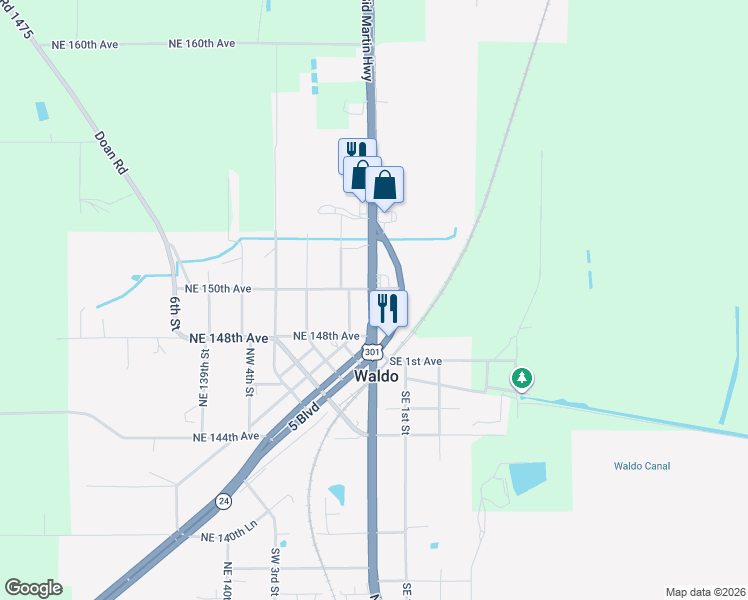 map of restaurants, bars, coffee shops, grocery stores, and more near Sid Martin Hwy in Waldo