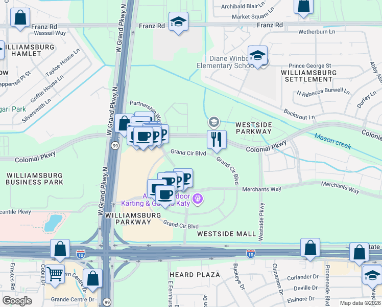 map of restaurants, bars, coffee shops, grocery stores, and more near Colonial Pkwy in Katy