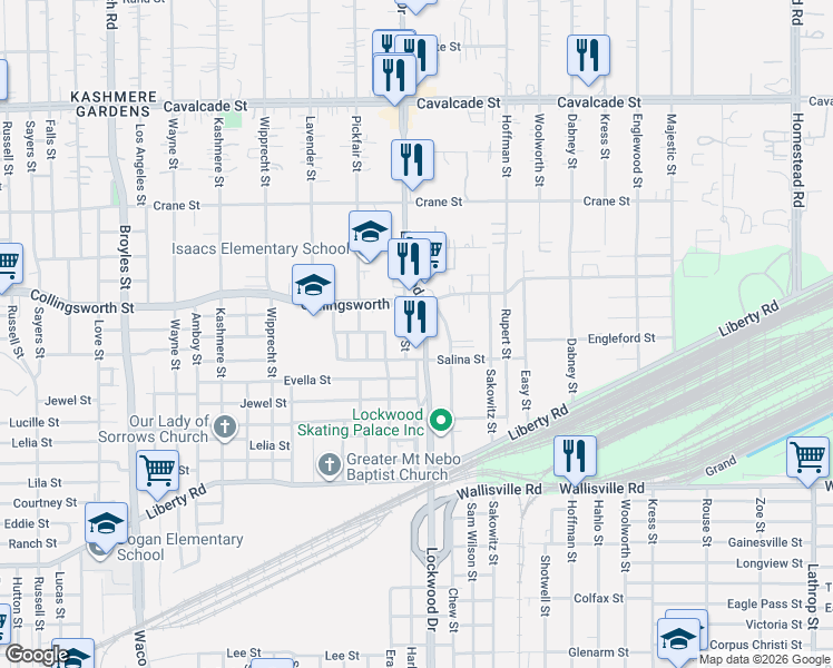 map of restaurants, bars, coffee shops, grocery stores, and more near 3714 Lockwood Drive in Houston