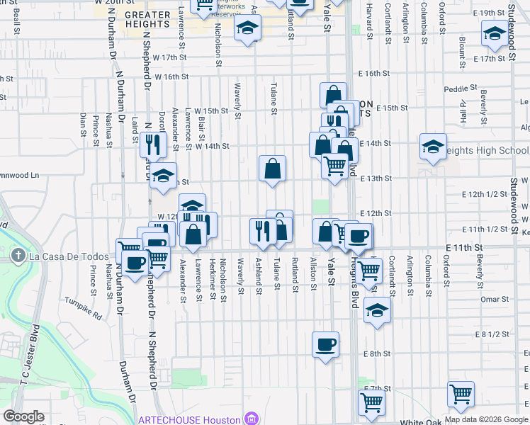 map of restaurants, bars, coffee shops, grocery stores, and more near 1212 Ashland Street in Houston