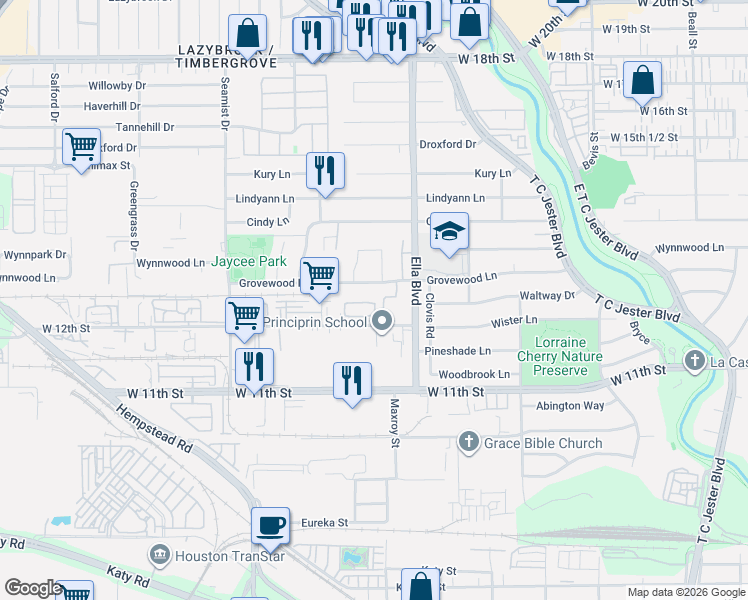 map of restaurants, bars, coffee shops, grocery stores, and more near 6527 Grovewood Lane in Houston