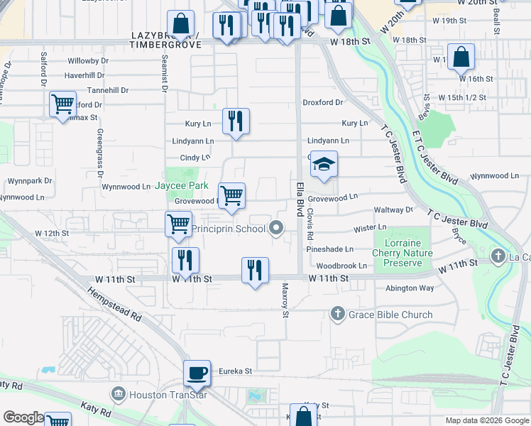 map of restaurants, bars, coffee shops, grocery stores, and more near 6527 Grovewood Lane in Houston