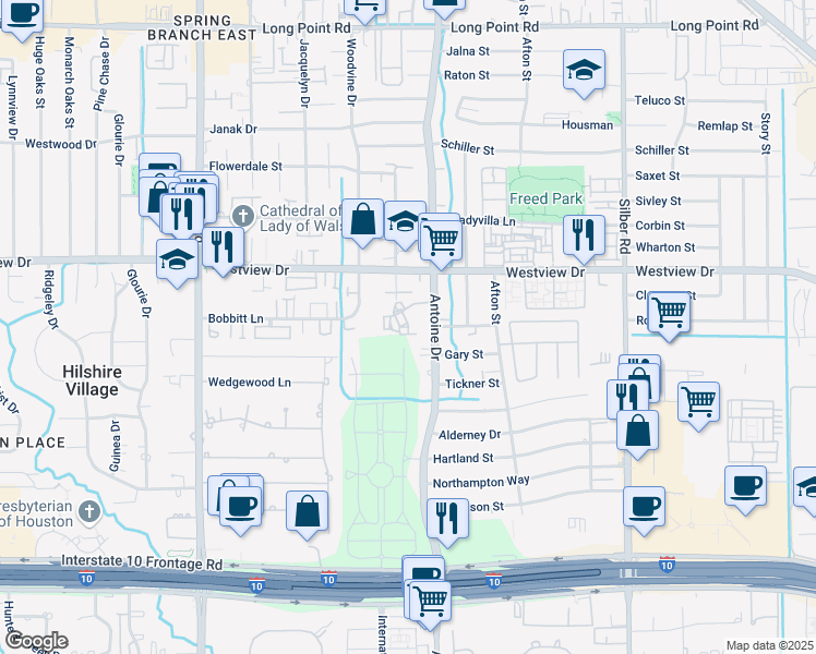 map of restaurants, bars, coffee shops, grocery stores, and more near 1311 Antoine Drive in Houston