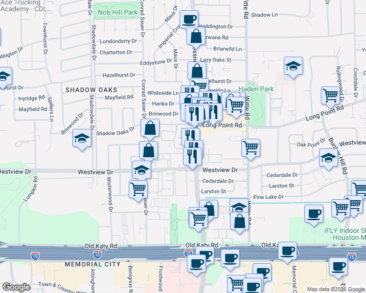 map of restaurants, bars, coffee shops, grocery stores, and more near 10144 Beekman Place Drive in Houston