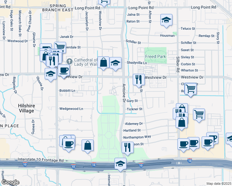 map of restaurants, bars, coffee shops, grocery stores, and more near 1311 Antoine Drive in Houston
