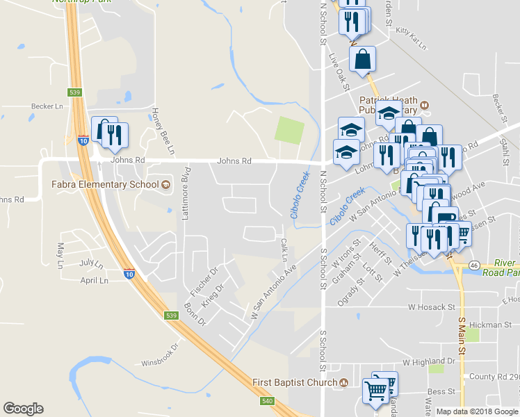 map of restaurants, bars, coffee shops, grocery stores, and more near 111 Cibolo Bridge Drive in Boerne