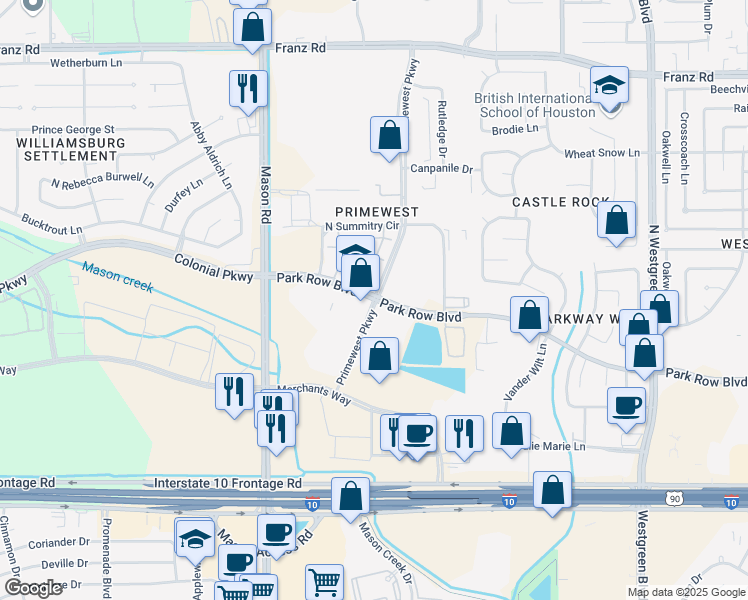 map of restaurants, bars, coffee shops, grocery stores, and more near 21485 Park Row Drive in Katy