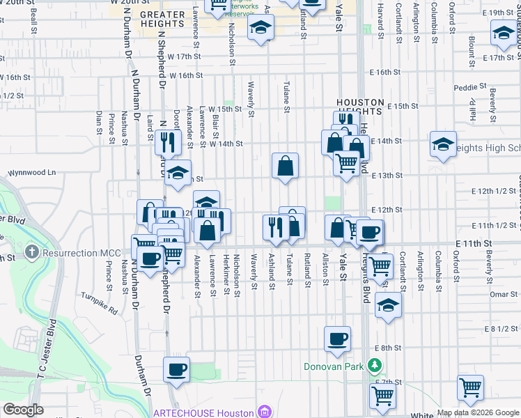 map of restaurants, bars, coffee shops, grocery stores, and more near 1224 Waverly Street in Houston