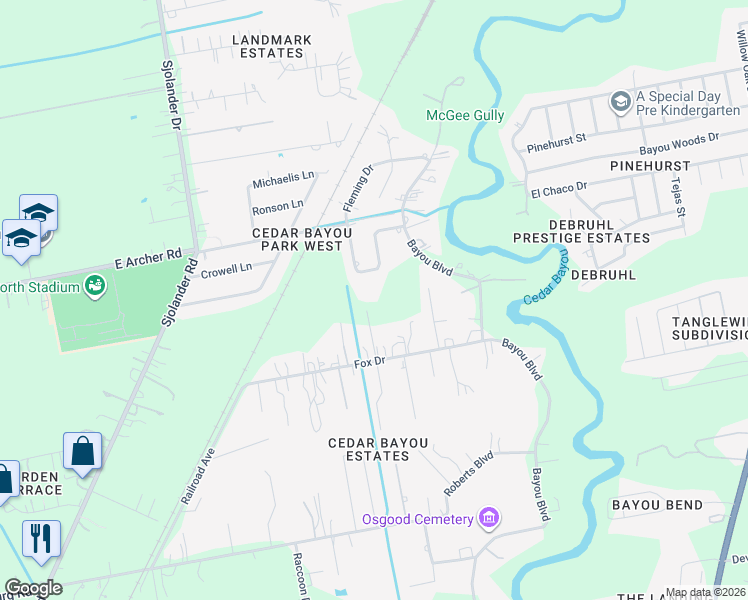 map of restaurants, bars, coffee shops, grocery stores, and more near 3523 Fox Drive in Baytown