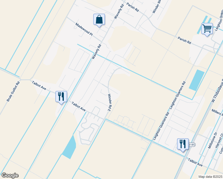 map of restaurants, bars, coffee shops, grocery stores, and more near Michelle Place in Thibodaux
