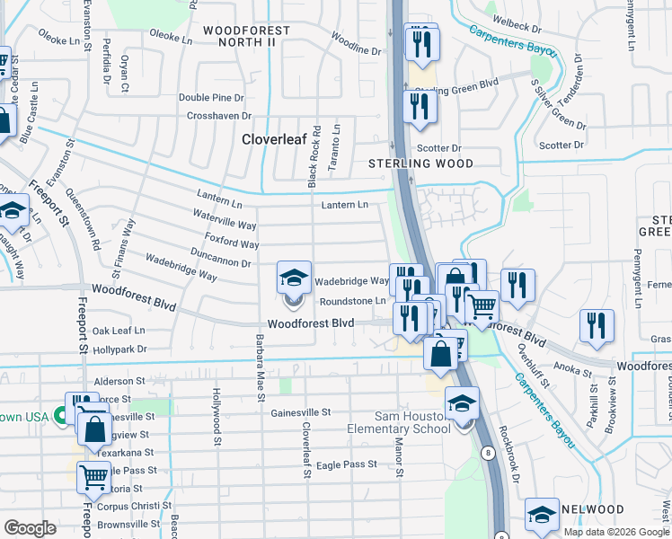 map of restaurants, bars, coffee shops, grocery stores, and more near 14423 Duncannon Drive in Houston