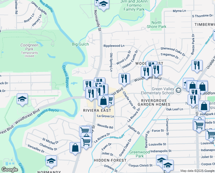 map of restaurants, bars, coffee shops, grocery stores, and more near 12603 Woodforest Boulevard in Houston