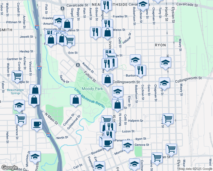map of restaurants, bars, coffee shops, grocery stores, and more near 700 Collingsworth Street in Houston