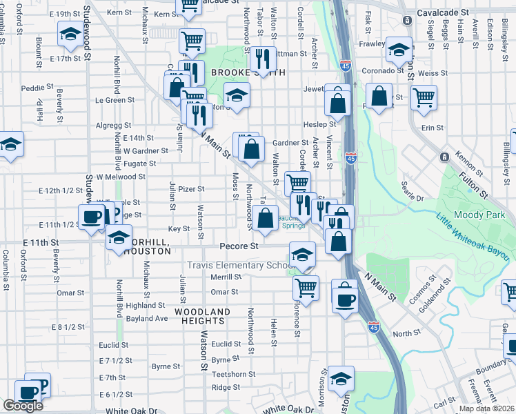 map of restaurants, bars, coffee shops, grocery stores, and more near 211 Tabor Street in Houston