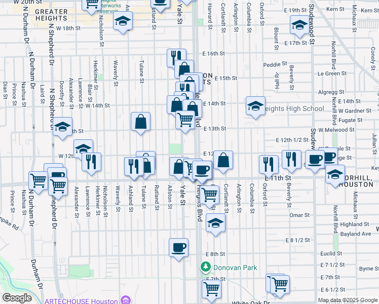 map of restaurants, bars, coffee shops, grocery stores, and more near in Houston